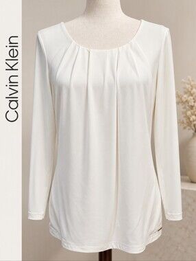 Calvin Klein Ivory Pleated Long Sleeve Tunic Top Elegant Calvin Klein
